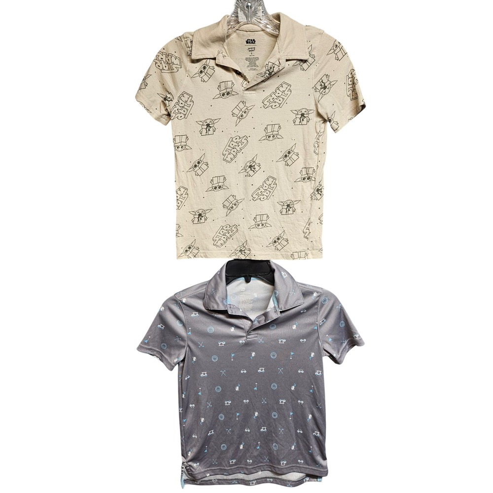 Boys Polo Shirt Bundle Size 8 Star Wars Grogu & All In Motion Golf Grey Beige